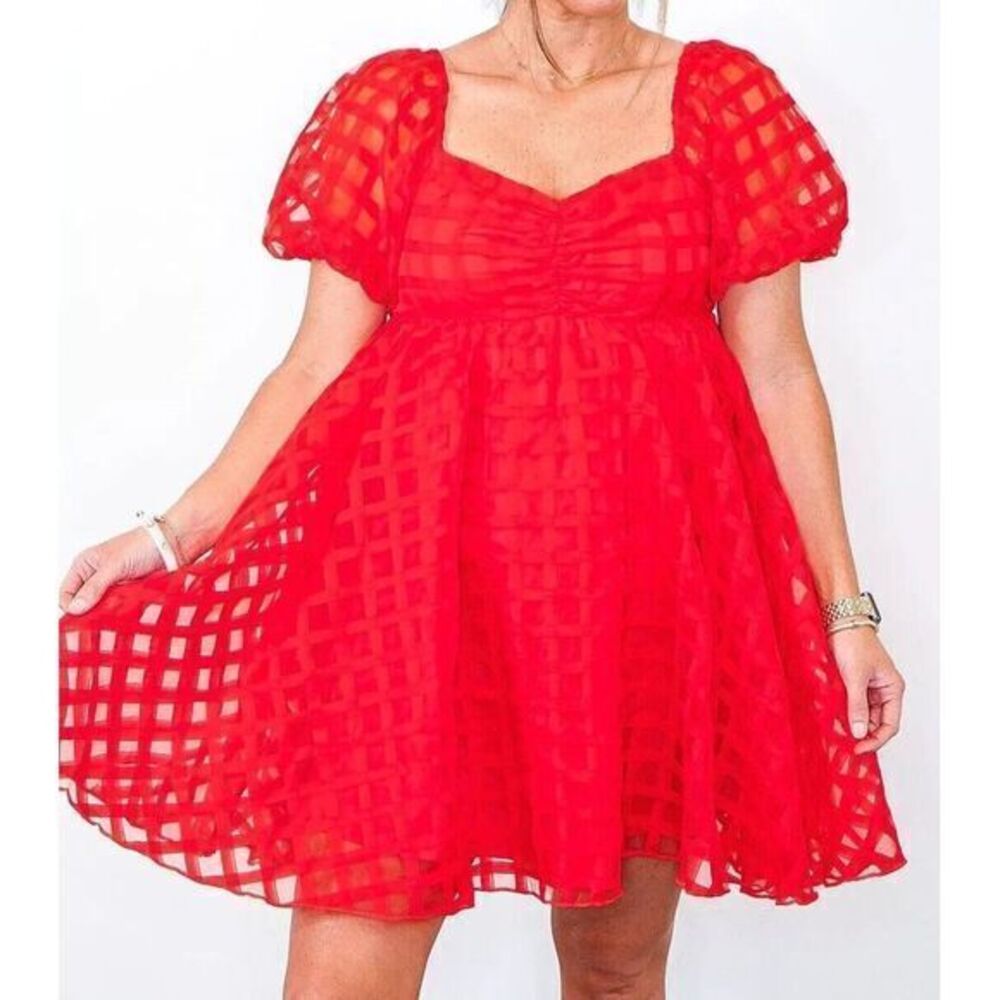 Baevely‎ Checkered Sweetheart Neck Puff Sleeve Babydoll Smocked Dress Red Large